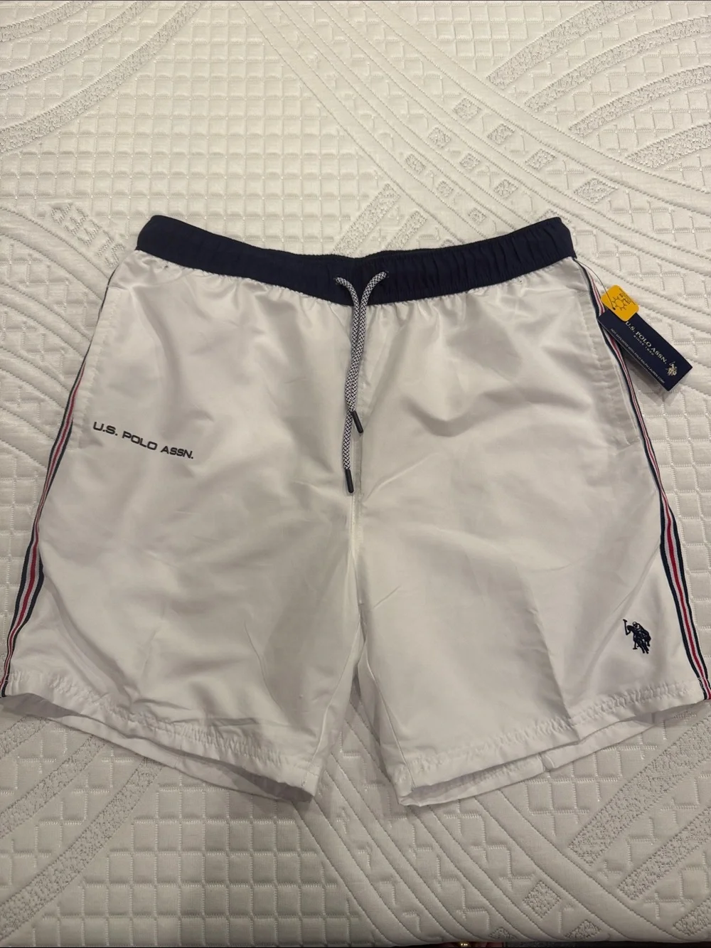 U.S. Polo Assn. White Swim Trunks with Navy Waistband and Stripe Detail